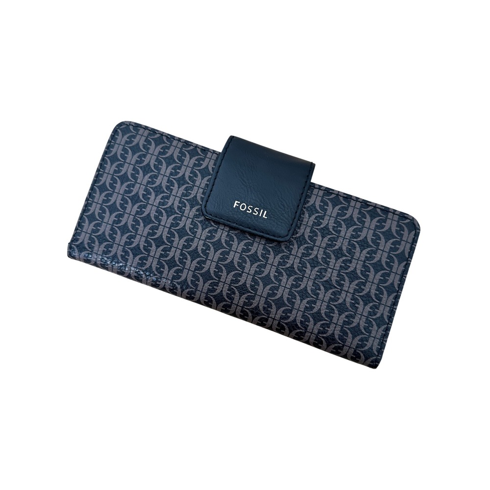 Fossil Logan Bifold Wallet Black Grey Monogram Logo Snap Slim Organizer